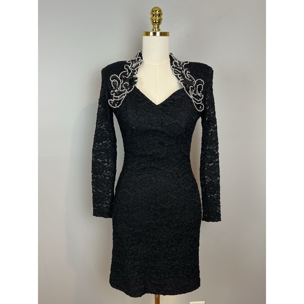 90s Black Cocktail Dress Size S/M Long Sleeve Short Lace Betsy & Adam Vtg